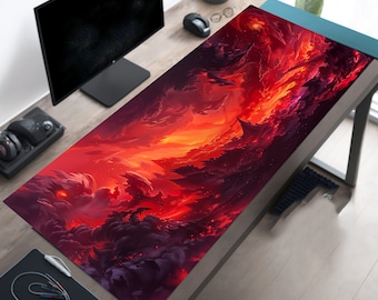 Gaming Schreibtischunterlage, XL Mousepad mit Feuerrotem, Feuer Himmel Motiv, Gamer Geschenk, Geschenk für Freund, Geschenk für Mann, Karte Krabbeldecke