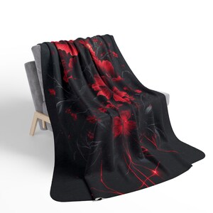 Large Soft Fleece Blanket - Electric Goth Black and Red Flowers - Goth Throw Blanket - Dark Fantasy Blanket - Dark Romanticism Gifts image 7