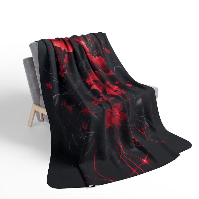 Large Soft Fleece Blanket - Electric Goth Black and Red Flowers - Goth Throw Blanket - Dark Fantasy Blanket - Dark Romanticism Gifts image 7