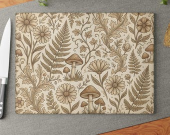 Tabla de cortar de vidrio con estampado de setas y helechos / Decoración botánica floral para la cocina
