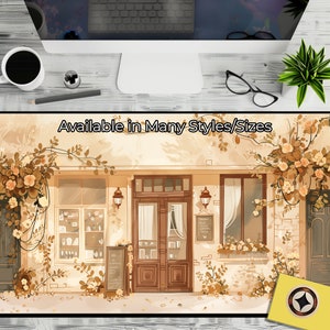 Puede incluir: Una ilustraci&oacute;n digital de una tienda con una puerta y ventanas marrones, rodeada de enredaderas con flores amarillas. El letrero sobre la puerta dice "Disponible en muchos estilos/tama&ntilde;os".