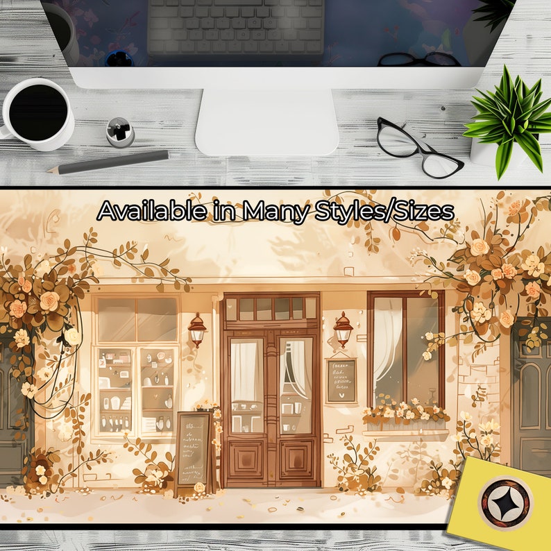 Puede incluir: Una ilustraci&oacute;n digital de una tienda con una puerta y ventanas marrones, rodeada de enredaderas con flores amarillas. El letrero sobre la puerta dice "Disponible en muchos estilos/tama&ntilde;os".