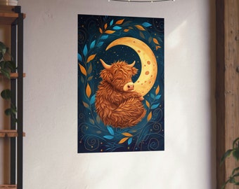 Cute Baby Highland Cow Hugging the Moon Poster, Nursery Wall Art, Highland Cow Poster Art Print, Highland Cow Art, Kawaii Poster