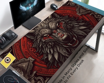 Tapis de bureau Viking Dire Wolf, sous-plateau Viking, tapis de bureau nordique, sous-sol nordique, tapis de souris mythologique, tapis de souris viking pour jeux