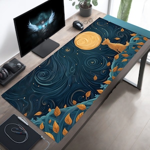 May include: A blue and gold mouse mat with a swirling pattern and a fox silhouette under a full moon. The mouse mat is on a wooden desk with a computer monitor and other office supplies.