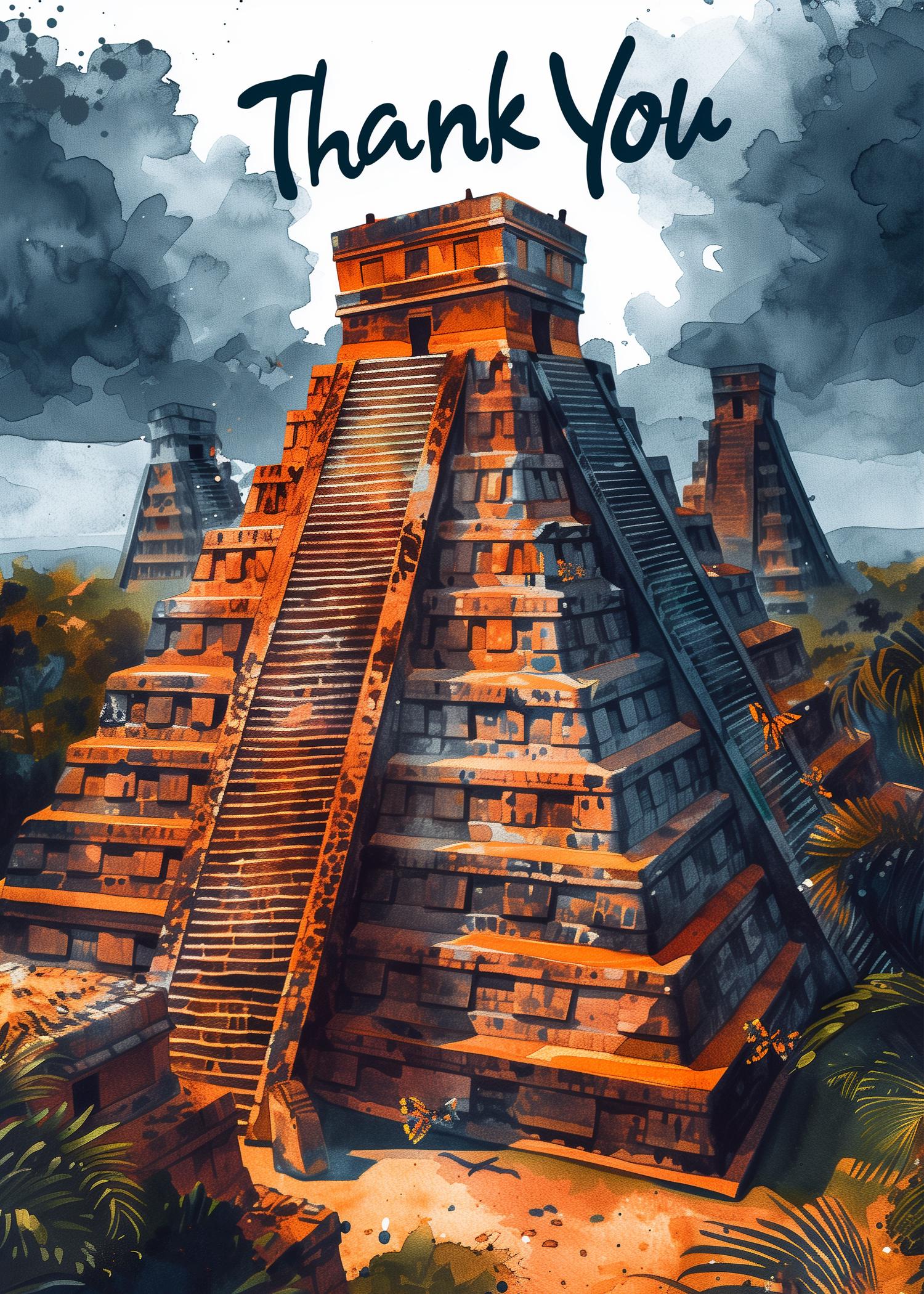 Aztec Pyramid Watercolor Thank You Card – Printable Greeting Card