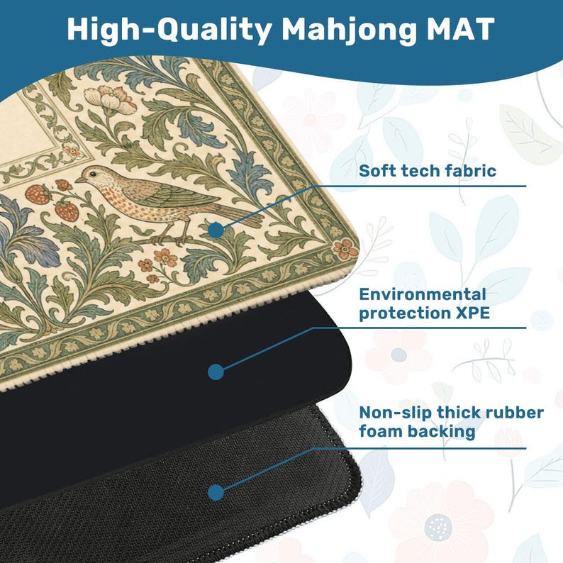 May include: A rectangular Mahjong mat featuring a cream-colored surface with a detailed botanical print of birds, flowers, and strawberries. The mat is composed of three layers: a soft tech fabric top, an XPE middle layer, and a non-slip rubber foam backing.