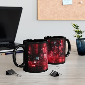 Neon Red Cyberpunk City in the Rain - Gamer Mug - Gift for Husband, Son, Dad, Boyfriend, 11oz or 15oz Black Ceramic Mug image 6