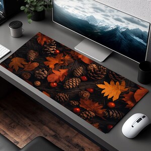 Fall Leaves and Pine Cones Desk Mat, Aesthetic Desk Mat, Cute Desk Mat ...
