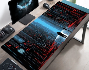Dark Cyberpunk Desk Mat, Red & Black Mouse Pad, Dystopian Futuristic Desk Pad, Human Silhouettes, XL Gaming Accessory, XXL Mousepad