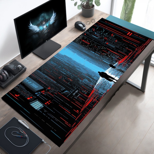 Dark Cyberpunk Desk Mat, Red & Black Mouse Pad, Dystopian Futuristic Desk Pad, Human Silhouettes, XL Gaming Accessory, XXL Mousepad