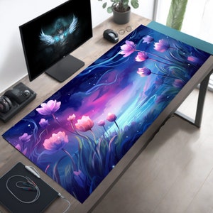 Pastel Anime Ocean Desk Mat, Manga Style Night Sky Mouse Pad, Kawaii Floral XL Workspace Decor, Cute Japanese Desk Accessories