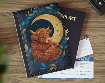 Graziosa custodia per passaporto, portafoglio per passaporto personalizzato, graziosa mucca delle Highlands che tiene la luna
