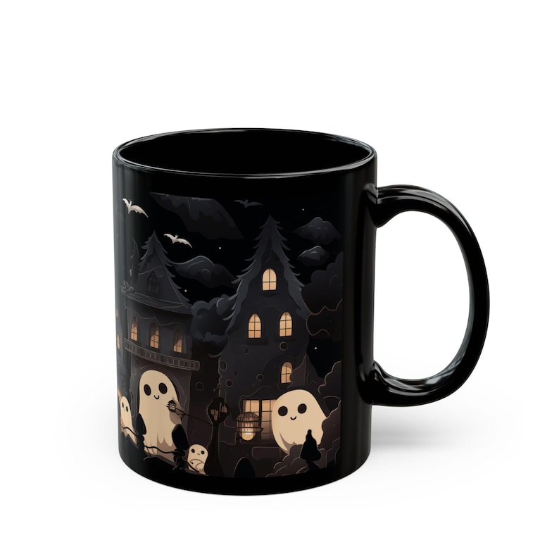 Kawaii Goth Ghosts Coffee Mug - Halloween Mug - Spooky Mug - Ghost Mug - Ghost Tea Cup - 11oz or 15oz Black Ceramic Mug image 3