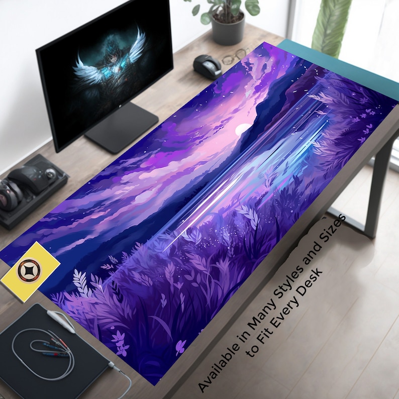 Pastel Anime Sunset Desk Mat, Manga Style Mountain Lake Mouse Pad, Kawaii Floral XL Workspace Decor, Cute Japanese Desk Accessories image 2