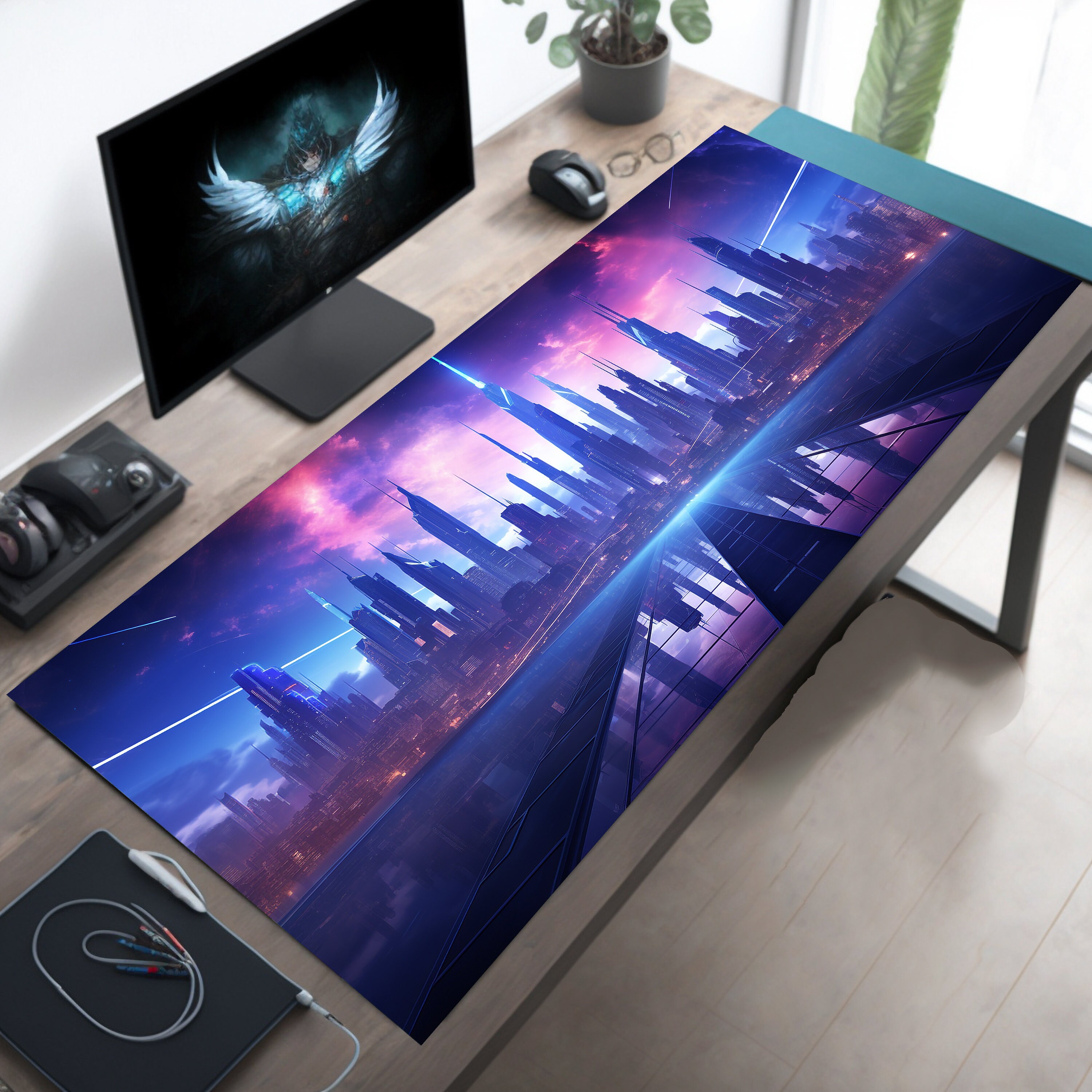 Aztec Fusion Neon Desk Mat, Cityscape Mousepad, Cyberpunk Desk Pad, Gaming Mousepad XL, Large Deskmat XXL, Extended Mousemat
