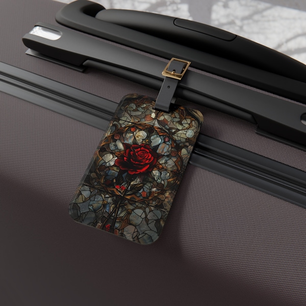 Gothic Rose in Dark Stained Glass Print Goth Luggage Tag, Diaper Bag Tag, Travel Bag Tag