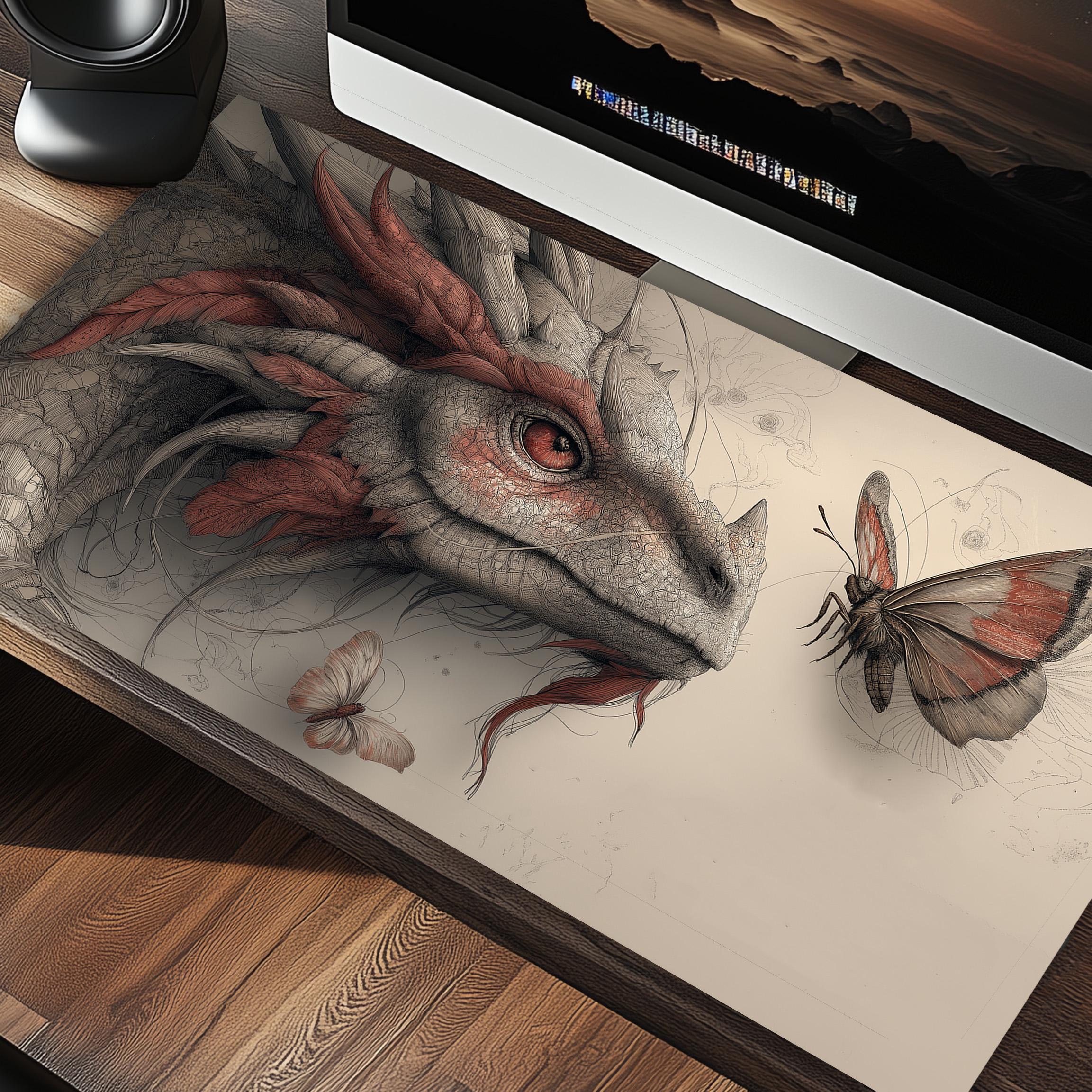 ドラゴンと蝶のファンタジーデスクマット - オフィスやゲームに最適な