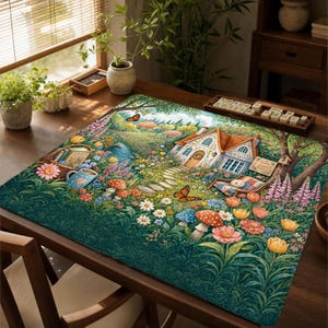 May include: A rectangular desk mat featuring a colorful illustration of a cottage surrounded by a lush garden with flowers, mushrooms, butterflies, a small stream, and a basket of books. The scene includes a wooden sign and a small birdhouse.