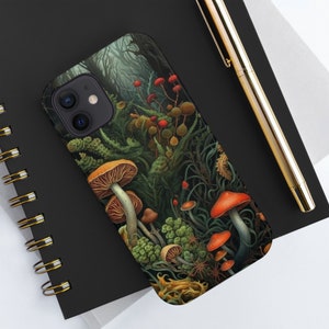 Botanical Forest iPhone Case, Mushrooms & Ferns Design, Nature-Inspired Tough Phone Cover with Grippy Sides for 6, 6s, 12, 13, 14+
