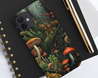 iPhone-hoesje botanisch bos, ontwerp met paddenstoelen en varens, op de natuur geïnspireerde stoere telefoonhoes met gripvaste zijkanten voor 6, 6s, 12, 13, 14+