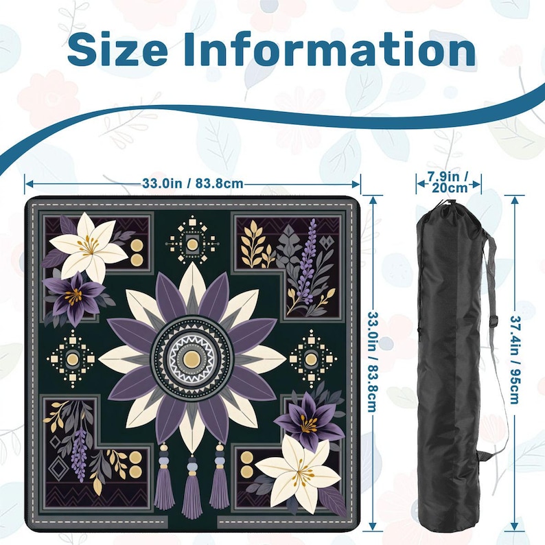 May include: A square mat featuring a dark background with a central purple and cream floral mandala design, surrounded by corner floral motifs. The mat measures 83.8 cm by 83.8 cm. A black cylindrical carrying bag measuring 95 cm by 20 cm.