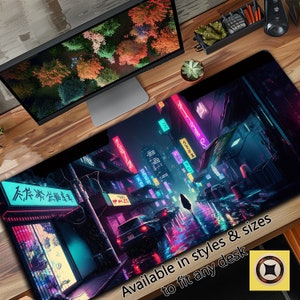 Cyberpunk Desk Pad, Tokyo Mousepad XL, Japan Mouse Pad, Bold Artistic Colors, Purple City Streets, Lo Fi Playmat, Large Playing Mat