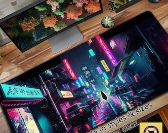 Cyberpunk Desk Pad, Tokyo Mousepad XL, Japan Mouse Pad, Bold Artistic Colors, Purple City Streets, Lo Fi Playmat, Large Playing Mat