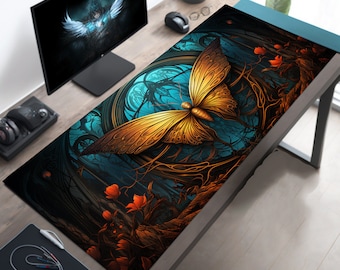 Goth Desk Decor, Moth Desk Accessory, Gothic Office Decor, Blue Glow Gold Moth Art, Gaming Desk Mat, Gaming Mousepad XL,   Playmat