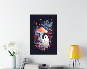 Kawaii Mushroom Ghost Poster Art Print, Kawaii Room Decor, Mushroom Art, Cute Ghost Wall Decor, Kids Room Decor, Nursery Decor