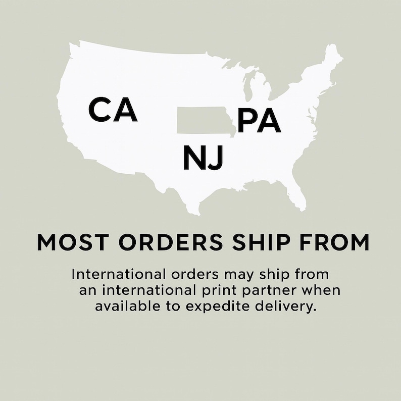 May include: A graphic showing a white outline of the United States with the states CA, PA, and NJ labeled in black. The text "MOST ORDERS SHIP FROM" is below the map, with additional text about international orders.