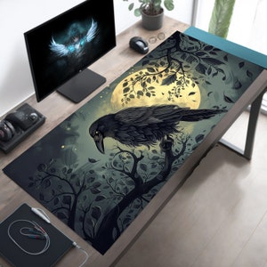 Full Moon Crow Gaming Bureaumat Muismat, kaartspeelmat TCG, Goth Desk Decor, Crow Mousepad XL, gamercadeau, Crow Stuff, Goth Gifts