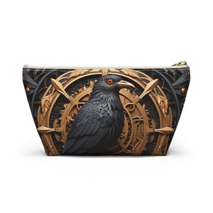 Gothic Crow Makeup Bag, Goth Inspired Crow with Art Deco Gilded Background, Cute Goth Cosmetic Bag, Goth Pencil Pouch, Small Purse