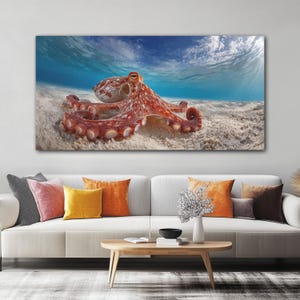 Octopus on the Sandy Sea Floor Large Canvas Art Print - Ocean Life Wall Decor - Marine Life Home Decor - Octopus Wall Art