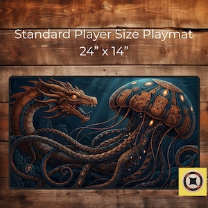 Könnte beinhalten: Ein Spielmatte in Standardgröße, 61 x 36 cm, mit einer detaillierten Illustration eines Drachen, der einer Qualle gegenübersteht. Das Kunstwerk ist in Braun-, Blau- und Goldtönen gehalten, mit dem Text "Standard Player Size Playmat" oben.