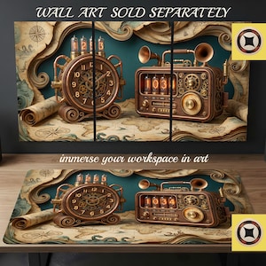 May include: Steampunk-style wall art and desk mat featuring a clock and radio design. The clock shows the time as 10:09. The radio displays the number 1034. The art is set against a map background. Text reads "WALL ART SOLD SEPARATELY" and "immerse your workspace in art."