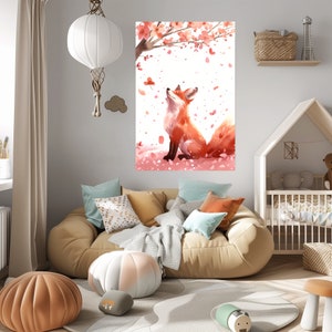 Cute Japanese Red Fox Poster Art Print - Fox Beneath the Sakura Tree - Fox Wall Decor - Nursery Wall Art - Kids Room Art - Fox Lovers Gift