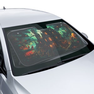 Trippy Mansion Green Windshield Shade for Cars, Trucks, SUVs - Halloween Themed Spooky Car Sun Shade - Windshield Banner