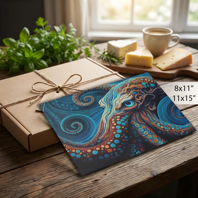 Glass Cutting Board, Octopus Kitchen Decor, Beach Home Kitchen, Unique Kitchen Accessory,Octopus Cutting Board, Veg Cutting Board, Chef Gift image 1