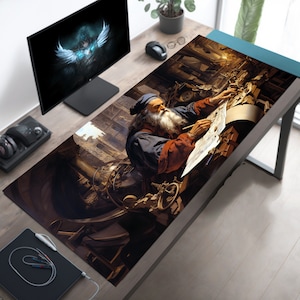 May include: A large, detailed, brown and gold-toned mouse mat featuring a painting of a man in a blue and red robe, working on a large scroll. The man has a long white beard and is surrounded by intricate machinery.