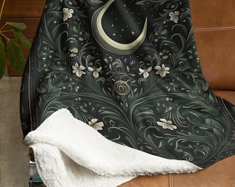 Medieval Tapestry Style Sherpa Fleece Blanket, Cozy Blanket for Home Decor - Ethereal Crescent Amidst Floral Whispers - Gift for New Home