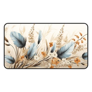 May include: A digital illustration of a bouquet of blue feathers, brown stems, and white and orange flowers on a cream background.