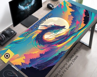 May include: A colourful desk mat with a dragon illustration set against a full moon. The mat is 45.7cm x 91.4cm and available in multiple sizes. The design features blue, purple, yellow, and orange hues.