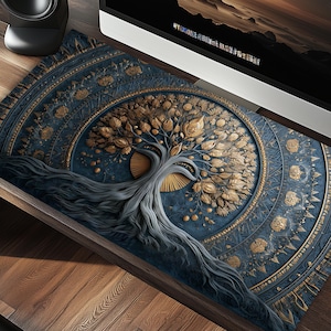 Op de afbeelding: Een decoratieve bureaumat met een gedetailleerd levensboomontwerp. De mat heeft een donkerblauwe achtergrond met gouden accenten, waaronder de bladeren van de boom en de omringende patronen. De stam en wortels van de boom zijn lichtgrijs. De mat ligt op een houten bureau.