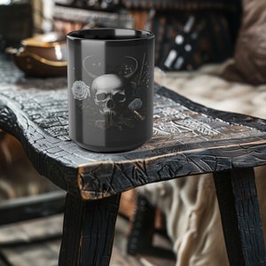 Gothic Coffee Mug, Black Coffee Mug, 15oz, Large Cup, Goth Skull and Rose Tea Cup