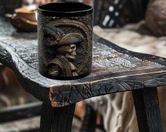 Ornate Pirate Skull Ceramic Mug - Intricate Nautical Gothic Design  - 11oz or 15oz Black Ceramic Mug