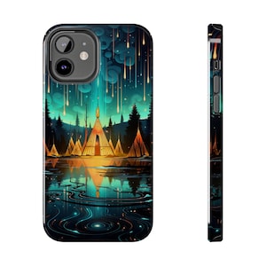 Custodia per iPhone Native American Dreamscape, Custodia resistente per iPhone Tipi, Custodia per iPhone tribale per iPhone 7 e versioni successive, Scocca in policarbonato, Rivestimento in gomma