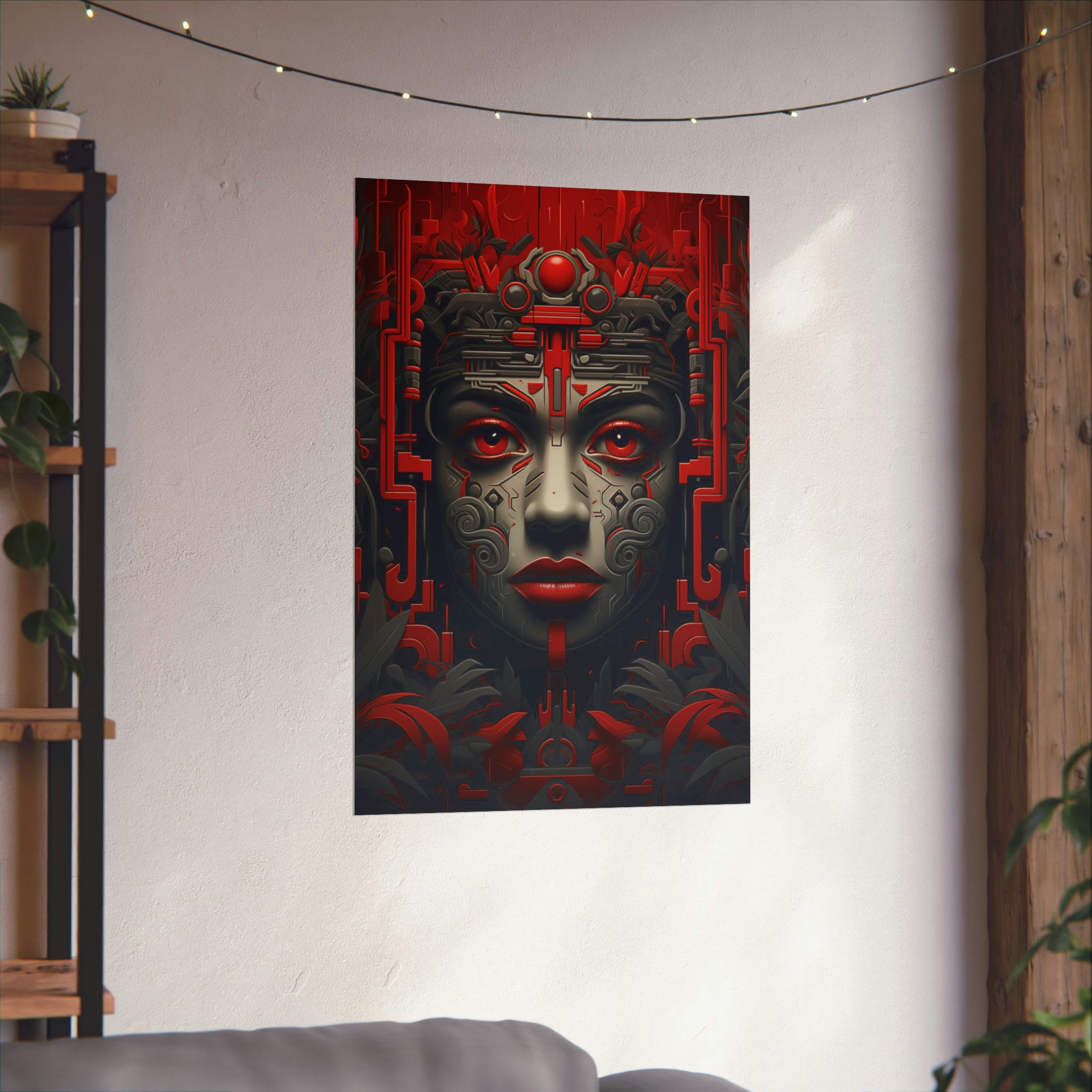 Mayan Fantasy Face Art Poster in Red and Black