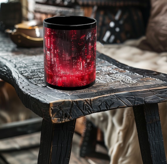 Neon Red Cyberpunk City in the Rain - Gamer Mug - Gift for Husband, Son, Dad, Boyfriend, 11oz or 15oz Black Ceramic Mug