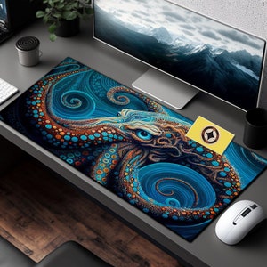 May include: A blue and orange octopus with swirling patterns on a blue background. The octopus is a detailed illustration on a mouse pad.
